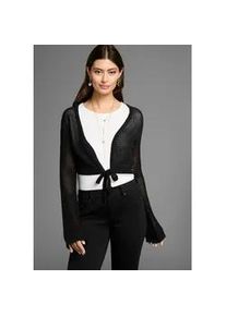 Ajourstrickjacke Laura Scott, Damen, Gr. 48/50, schwarz, Strick, Obermaterial: 50% Baumwolle, 50% Polyacryl, durchscheinend, figurbetont kurz, tiefer V-Ausschnitt, Trompeten&auml;rmel, Strickjacken Ajourstrickjacke, in Netzstrickoptik in Bolero-L&auml;nge