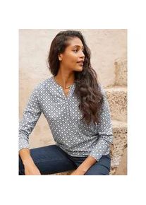 Langarmshirt Heine "Druck-Shirt", Damen, Gr. 46, blau (grau, hellblau, bedruckt), 100% Baumwolle, gemustert, mehrfarbig, Rundhals, Shirts Langarmshirt