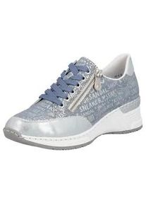 Sneaker Rieker, Damen, Gr. 38, blau (hellblau), Lederimitat, metallic, Schuhe Sneaker, mit Lettern bedruckt, Freizeitschuh, Halbschuh, Schn&uuml;rschuh