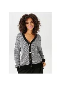 Strickjacke Aniston CASUAL, Damen, Gr. 44, schwarz-wei&szlig; (schwarz, wei&szlig;), Strick, Obermaterial: 100% Baumwolle, Fischgratmuster, gemustert, l&auml;ssig geschnitten h&uuml;ftbedeckend, V-Ausschnitt, Strickb&uuml;ndchen, Strickjacken Strickjacke, im trendigem Fischgrat-Muster