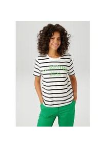 T-Shirt Aniston CASUAL, Damen, Gr. 38, schwarz (wollwei&szlig;, schwarz, apfelgr&uuml;n), Single Jersey, Obermaterial: 100% Baumwolle, geringelt, gestreift, l&auml;ssig geschnitten h&uuml;ftlang, Rundhals, Shirts T-Shirt, im Streifen-Dessin mit Statement-Schriftzug