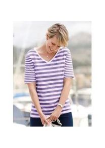 Kurzarmshirt Classic Basics "Kurzarm-Shirt", Damen, Gr. 40, lila (lavendel, wei&szlig;, geringelt), 100% Baumwolle, gemustert, gestreift, mehrfarbig, V-Ausschnitt, Shirts