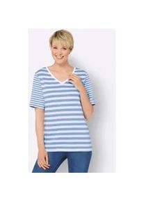 Kurzarmshirt Classic Basics "Kurzarm-Shirt", Damen, Gr. 50, blau (himmelblau, wei&szlig;, geringelt), 100% Baumwolle, gemustert, gestreift, mehrfarbig, V-Ausschnitt, Shirts