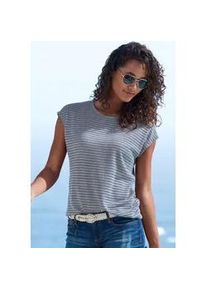 Kurzarmshirt Vivance "mit Streifenoptik", Damen, Gr. 48/50, blau, Obermaterial: 65% Polyester, 35% Viskose, gestreift, bequem normal, Rundhals, angeschnitten, Shirts, aus pflegeleichter Viskose-Qualit&auml;t