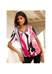 Kurzarmshirt Classic Basics "Kurzarm-Shirt", Damen, Gr. 46, bunt (schwarz, pink, bedruckt), 100% Baumwolle, gemustert, mehrfarbig, V-Ausschnitt, Shirts