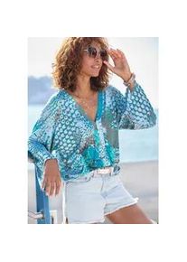 Fledermausshirt Buffalo, Damen, Gr. 36/38, blau (blau bedruckt), Jersey, Obermaterial: 100% Viskose, bedruckt, figurumspielend h&uuml;ftlang, tiefer V-Ausschnitt, Fledermaus&auml;rmel, Shirts Fledermausshirt, mit Animaldruck, lockere Bluse mit V-Ausschnitt, Blusenshirt