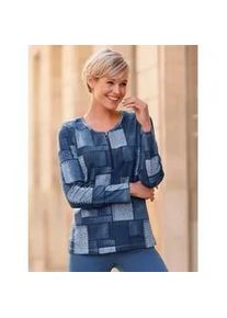 Langarmshirt Classic Basics "Langarm-Shirt", Damen, Gr. 46, blau (eisblau, jeansblau, bedruckt), 100% Baumwolle, gemustert, mehrfarbig, Rundhals, Shirts Langarmshirt