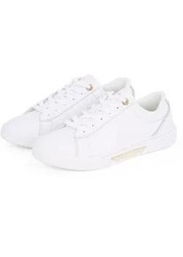 Plateausneaker Tommy Hilfiger "CHIC COURT SNEAKER", Damen, Gr. 37, wei&szlig;, Leder, Schuhe Plateausneaker, Freizeitschuh, Halbschuh, Schn&uuml;rschuh, goldfarbenes Schmuckelement