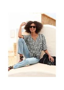 Kurzarmbluse Heine, Damen, Gr. 38, beige (schwarz, beige, bedruckt), 100% Viskose, bedruckt, gebl&uuml;mt, gemustert, mehrfarbig, Rundhals, Blusen