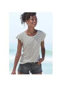 Rundhalsshirt Vivance "mit Streifenstruktur", Damen, Gr. 48/50, schwarz (creme, schwarz), Feinstrick, Obermaterial: 54% Polyester (REPREVE), 35% Baumwolle, 11% Viskose, gestreift, normal normal, Rundhals, Fl&uuml;gel&auml;rmel, Shirts Rundhalsshirt, aus leichter Feinstrickqualit&auml;t