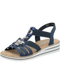 Riemchensandale Rieker, Damen, Gr. 39, blau (jeansblau), Lederimitat, Schuhe Riemchensandale, Sommerschuh, Sandalette, Keilabsatz, mit sommerlicher Verzierung