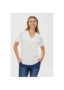 Kurzarmbluse Freequent "FQYR", Damen, Gr. S, wei&szlig; (off, wei&szlig;), Web, Obermaterial: 60% Modal, 40% Polyester, unifarben, bequem h&uuml;ftbedeckend, V-Ausschnitt, Blusen, elastisch, mit V-Ausschnitt