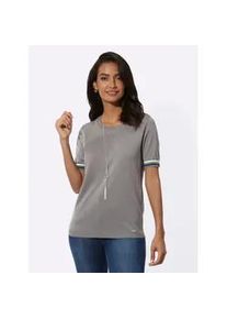 Kurzarmpullover Casual Looks "Rundhals-Pullover", Damen, Gr. 38, grau (steingrau, wei&szlig;, geringelt), 100% Polyacryl, unifarben, Pullover