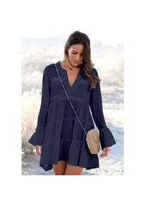 Longbluse Lascana, Damen, Gr. 36/38, blau (marine), Web, Obermaterial: 100% Viskose. Spitze: 100% Baumwolle, figurumspielend kurz, V-Ausschnitt, Volant, Blusen Longbluse, mit Spitzeneins&auml;tzen, Tunika, Blusenkleid, Strandmode
