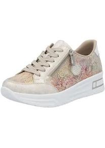 Plateausneaker Rieker, Damen, Gr. 43, bunt (beige multi), Leder, Lederimitat, metallic, Schuhe Plateausneaker, Freizeitschuh, Schn&uuml;rschuh, Halbschuh mit dezentem Goldschimmer