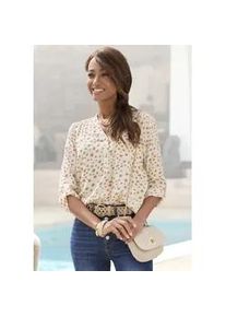 Schlupfbluse Lascana, Damen, Gr. 40, beige (creme, taupe bedruckt), Web, Obermaterial: 100% Viskose, bedruckt, figurumspielend h&uuml;ftlang, V-Ausschnitt, mit Riegel, Blusen Schlupfbluse, mit 3/4-&Auml;rmeln und Knopfleiste, Damenbluse