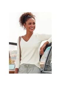 V-Ausschnitt-Pullover Vivance, Damen, Gr. 36/38, beige (creme), Feinstrick, Obermaterial: 83% Viskose, 15% Polyamid, 2% Elasthan, unifarben, figurbetont h&uuml;ftlang, tiefer V-Ausschnitt, Rippstrickb&uuml;ndchen, Pullover, in taillierter Form, weicher Strickpullover, Basic, klassisch