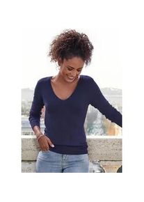 V-Ausschnitt-Pullover Vivance, Damen, Gr. 32/34, blau (marine), Feinstrick, Obermaterial: 83% Viskose, 15% Polyamid, 2% Elasthan, unifarben, figurbetont h&uuml;ftlang, tiefer V-Ausschnitt, Rippstrickb&uuml;ndchen, Pullover, in taillierter Form, weicher Strickpullover, Basic, klassisch