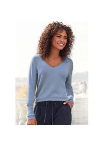 V-Ausschnitt-Pullover Vivance, Damen, Gr. 32/34, blau (hellblau), Feinstrick, Obermaterial: 83% Viskose, 15% Polyamid, 2% Elasthan, unifarben, figurbetont h&uuml;ftlang, tiefer V-Ausschnitt, Rippstrickb&uuml;ndchen, Pullover, in taillierter Form, weicher Strickpullover, Basic, klassisch, Topseller
