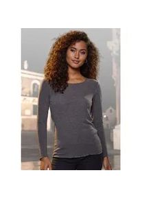 Langarmshirt Lascana "mit feiner Glitzereinfassung", Damen, Gr. 44/46, schwarz (anthrazit melange), Feinstrick, Obermaterial: 62% Polyester (REPREVE), 34% Viskose, 4% Elasthan, Glanzfaden, unifarben, bequem, tiefer Rundhals, Shirts Langarmshirt, aus weichem Viskose-Feinstrick