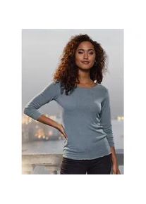 Langarmshirt Lascana "mit feiner Glitzereinfassung", Damen, Gr. 48/50, blau (hellblau), Feinstrick, Obermaterial: 62% Polyester (REPREVE), 34% Viskose, 4% Elasthan, Glanzfaden, unifarben, bequem, tiefer Rundhals, Shirts Langarmshirt, aus weichem Viskose-Feinstrick