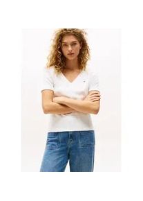 T-Shirt Tommy Hilfiger "SLIM CODY V-NK SS mit V-Ausschnitt und Streifen", Damen, Gr. XXS (32), wei&szlig; (nos ecru), Jersey, Obermaterial: 100% Baumwolle, unifarben, slim fit h&uuml;ftlang, tiefer V-Ausschnitt, abgesteppt, Shirts T-Shirt, Baumwolle, slim fit