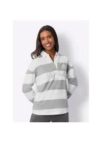 Poloshirt Heine "Poloshirt", Damen, Gr. 50, grau (grau, ecru, bedruckt), 94% Baumwolle, 6% Polyester, gemustert, mehrfarbig, V-Ausschnitt, Shirts