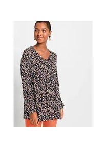 Langarmshirt Inspirationen "Druck-Tunika", Damen, Gr. 52, schwarz (schwarz, papaya, bedruckt), 95% Viskose, 5% Elasthan, gebl&uuml;mt, gemustert, V-Ausschnitt, Shirts Langarmshirt