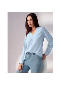 Langarmbluse Heine, Damen, Gr. 38, blau (hellblau), 100% Polyester, unifarben, V-Ausschnitt, Blusen