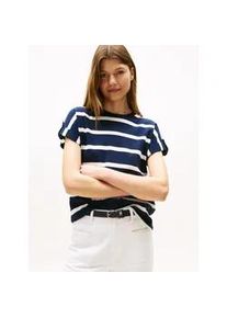 Kurzarmshirt Tommy Hilfiger "GOLD BUTTON MDRN C-NK SS TEE", Damen, Gr. XS (34), beige (schwarz night navy, ivory silk stp), Single Jersey, Obermaterial: 100% Baumwolle, gestreift, slim fit normal, Rundhals, mit Aufschlag, Shirts, mit goldfarbenen Knopf