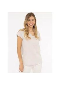 Kurzarmshirt Zwillingsherz "Positive Mind", Damen, Gr. S/M, beige, Web, Obermaterial: 95% Baumwolle, 5% Elasthan, bedruckt, unifarben, oversize Po-bedeckend, V-Ausschnitt, Shirts, V-Ausschnitt, Kurzarm, hinten etwas l&auml;nger, Baumwollmischung