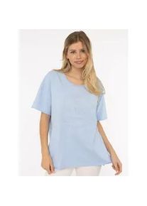 Kurzarmshirt Zwillingsherz "Oversized Shirt Stempeldruck "Moin", Damen, Gr. L/XL, blau (hellblau), Web, Obermaterial: 95% Baumwolle, 5% Elasthan, bedruckt, unifarben, oversize Po-bedeckend, Rundhals, Shirts, Kurzarm, tiefer Rundhalsausschnitt, Schriftzug, Baumwollmischung