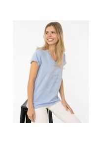 Kurzarmshirt Zwillingsherz "Positive Mind", Damen, Gr. L/XL, blau (hellblau), Web, Obermaterial: 95% Baumwolle, 5% Elasthan, bedruckt, unifarben, oversize Po-bedeckend, V-Ausschnitt, Shirts, V-Ausschnitt, Kurzarm, hinten etwas l&auml;nger, Baumwollmischung