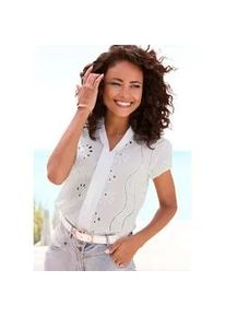 Spitzenbluse Buffalo, Damen, Gr. 42, wei&szlig;, Web, Obermaterial: 100% Baumwolle, unifarben, figurumspielend h&uuml;ftlang, V-Ausschnitt, Blusen Spitzenbluse, mit kurzen &Auml;rmeln, modische Lochstickerei