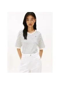 Strickpullover Tommy Hilfiger "CO JERSEY STCH POLO V-NK S/S SWT", Damen, Gr. L (40), beige (ivory silk, schwarz night navy fine stp), Strick, Obermaterial: 100% Baumwolle, gestreift, regular fit, V-Ausschnitt, Pullover Strickpullover