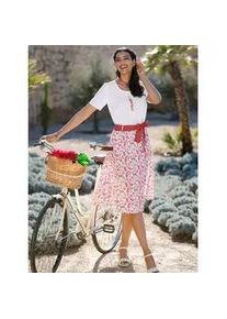 Schlupfbluse Classic Basics, Damen, Gr. 50, wei&szlig; (wei&szlig;, rot), 100% Polyester, gebl&uuml;mt, gemustert, mehrfarbig, Rundhals, Blusen Schlupfbluse