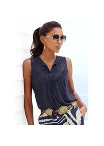 Blusentop Lascana, Damen, Gr. 34, blau (navy), Cr&ecirc;pe, Obermaterial: 100% Viskose. Spitze: 100% Baumwolle, unifarben, figurumspielend h&uuml;ftlang, V-Ausschnitt, Blusen Blusentop, mit Lochstickerei