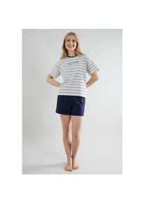 Shorty Tom Tailor "Zaria", Damen, Gr. 40L, blau, Single Jersey, Obermaterial: 95% Baumwolle, 5% Elasthan, bequem kurz, Rundhals, Homewear-Sets Shorty, Streifendesign, Kurzarm, Rundhalsausschnitt, kurze Hose, Baumwollmix