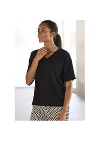 Pyjamaoberteil Lascana, Damen, Gr. 36/38, schwarz, Single Jersey, Obermaterial: 62% Polyester, 33% Viskose, 5% Elasthan, unifarben, Basic, bequem, V-Ausschnitt, Shirts, mit V-Ausschnitt