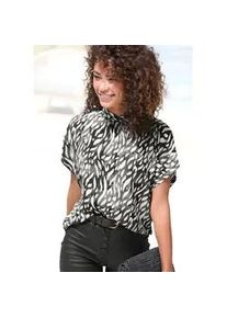 Kurzarmbluse Lascana, Damen, Gr. 38, creme, graublau bedruckt, Web, Obermaterial: 100% Viskose, bedruckt, h&uuml;ftlang, weit, Blusen, in lockerer Passform, Damenbluse, sportlich elegant