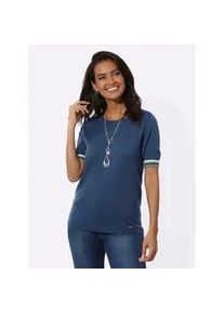 Kurzarmpullover Casual Looks "Rundhals-Pullover", Damen, Gr. 42, blau (jeansblau, wei&szlig;, geringelt), 100% Polyacryl, unifarben, Pullover