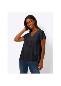 Kurzarmbluse Heine, Damen, Gr. 34, schwarz, 55% Leinen, 45% Viskose, unifarben, V-Ausschnitt, Blusen