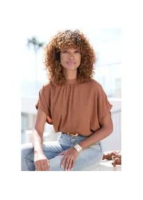 Kurzarmbluse Lascana, Damen, Gr. 38, braun (nougat), Web, Obermaterial: 100% Viskose, unifarben, figurumspielend h&uuml;ftlang, weit, Blusen, in lockerer Passform, Damenbluse, sportlich elegant, Topseller