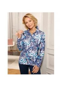 Poloshirt Classic Basics "Poloshirt", Damen, Gr. 44, blau (jeansblau, ecru, bedruckt), 95% Polyester, 5% Elasthan, gemustert, mehrfarbig, Shirts