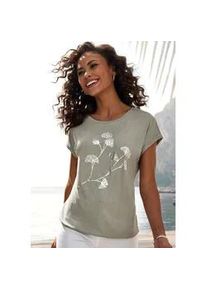 Kurzarmshirt Lascana "mit schimmerndem Blumenprint", Damen, Gr. 40/42, gr&uuml;n (khaki), Single Jersey, Obermaterial: 95% Viskose (LENZINGTM ECOVEROTM), 5% Elasthan, bedruckt, bequem normal, Rundhals, mit Aufschlag, Shirts, aus elastischer Viskose-Qualit&auml;t