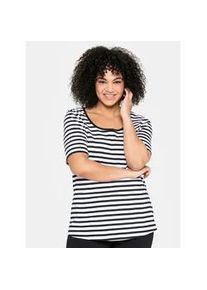 Kurzarmshirt sheego "T-Shirt", Damen, Gr. 52, schwarz-wei&szlig; (schwarz, wei&szlig;), 100% Baumwolle, gemustert, gestreift, mehrfarbig, Rundhals, Shirts