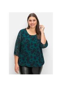 Longbluse sheego, Damen, Gr. 44/46, gr&uuml;n (tiefgr&uuml;n, gemustert), 100% Viskose, gebl&uuml;mt, gemustert, Rundhals, Blusen Longbluse