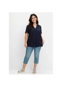 Longbluse sheego, Damen, Gr. 46, blau (tiefblau), 100% Viskose, unifarben, V-Ausschnitt, Blusen Longbluse