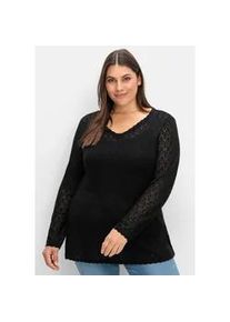 Strickpullover sheego "V-Ausschnitt-Pullover", Damen, Gr. 56/58, schwarz, 55% Viskose, 45% Polyamid, unifarben, Pullover Strickpullover