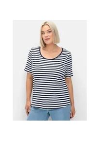 Kurzarmshirt sheego "T-Shirt", Damen, Gr. 56, blau (marine, wei&szlig;), 100% Baumwolle, gemustert, gestreift, mehrfarbig, Rundhals, Shirts
